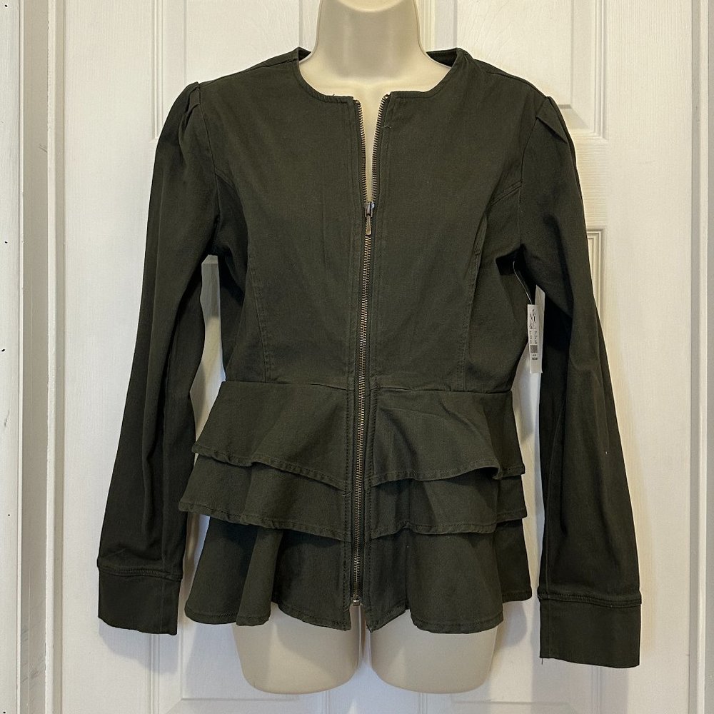 New York & Company Olive Green Canvas Ruffle Jacket